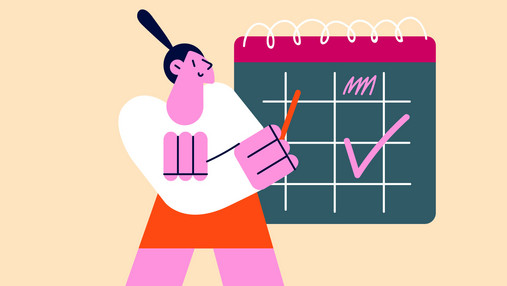 Grafik zum Thema "Entgelttabellen im öffentlichen Dienst": Zu sehen ist eine Figur vor einem Flipchart, auf dem eine Tabelle zu sehen ist. Der Stil ist abstrakt.