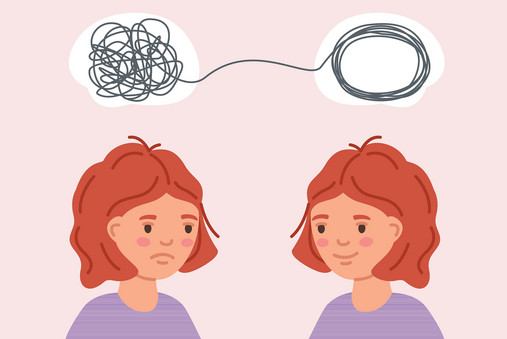 Grafik zum Thema "Kinder- und Jugendtelefon": Zu sehen ist ein Mädchen, bei dem erst gedankliches Chaos herrscht. Im zweiten Teil der Grafik sind die Gedanken sortiert und sie schaut zufriedener drein.