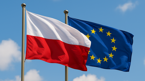 Foto zum Thema "Polnische Ratspräsidentschaft": Zu sehen ist eine polnische und europäische Flagge. Beide flattern im Wind,