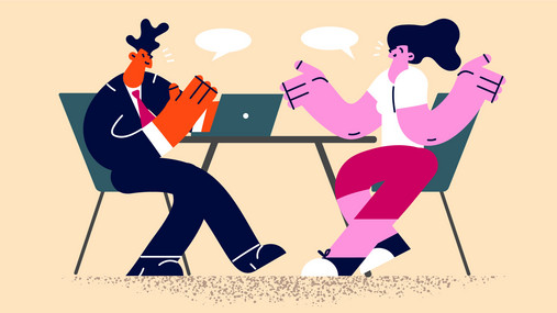 Grafik zum Thema "Ablauf einer Tarifverhandlung": Zu sehen sind zwei Figuren, die am Verhandlungstisch sitzen und diskutieren. Der Stil ist abstrakt.