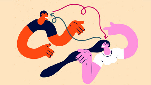 Grafik zum Thema "Ablauf einer Tarifverhandlung": Zu sehen sind zwei Figuren, die miteinander verhandeln. Der Stil ist abstrakt.