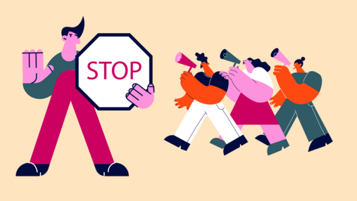 Foto zum Thema "warum dürfen Beamte nicht streiken": Das Bild zeigt eine Gruppe, die von einer Figur mit einem großen Stopp-Schild aufgehalten wird.