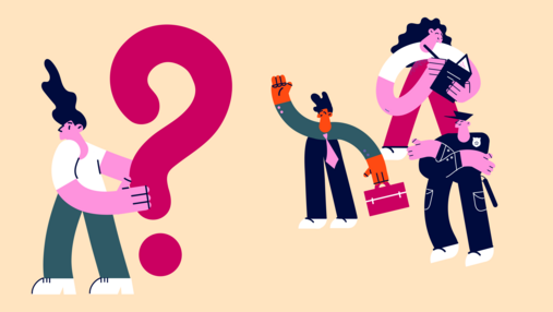 Foto zum Thema "was ist ein Beamter": Zu sehen eine Grafik einer männlichen Person, die ein großes Fragezeichen in der Hand hält. Rechts daneben eine Gruppe mit drei Figuren, die Beamt*innen symbolisieren.