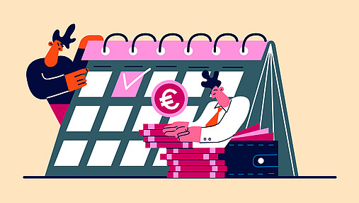 Grafik zum Thema "Jahressonderzahlung im öffentlichen Dienst": Zu sehen ist ein Kalender mit zwei Figuren, die ihn betrachten. Ein Tag ist mit einem Euro-Symbol markiert.